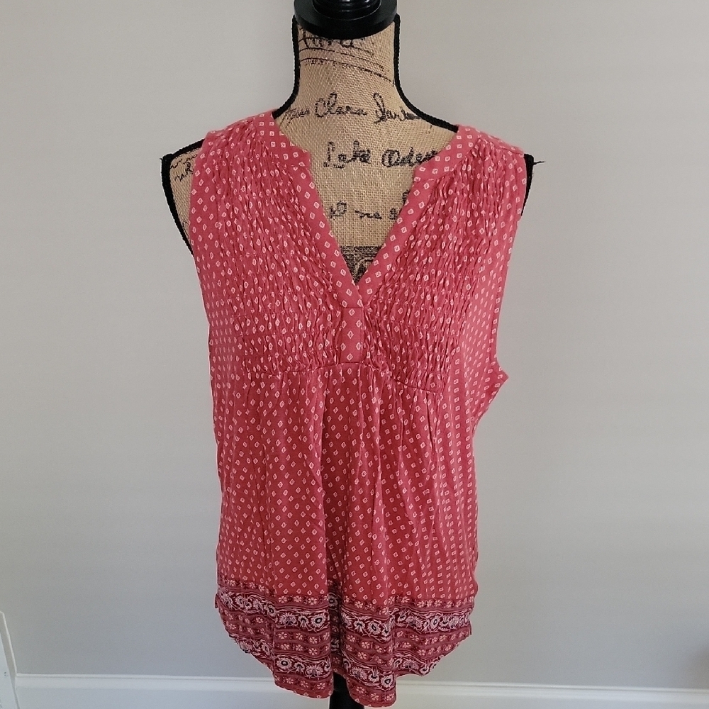 Lucky Brand Pink and Black Smocked Sleeveless Blouse